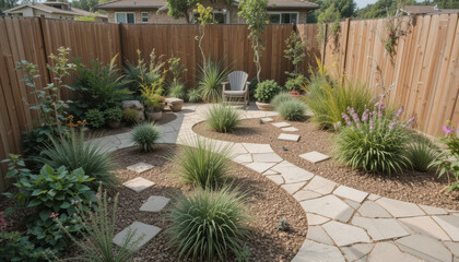 Obraz premium Droughttolerant garden in small patio features winding pathways, lush greenery, and decorative stones, creating serene outdoor space