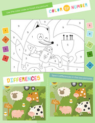 Cute Animals Activity Pages for Kids book. Printable Activity Sheet with Mini Games – color by number, find differences. Vector illustration.