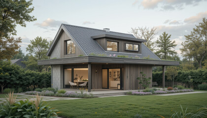 Eco conscious home with modern design featuring battery storage system, surrounded by lush greenery and serene garden