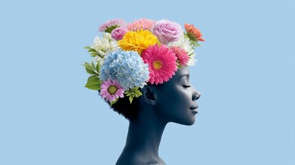 Woman with a flower crown on her head. The flowers are in various colors and are arranged in a way that makes the woman look like she is wearing a flower crown. The image has a bright