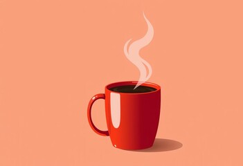 Obraz premium Simple red coffee mug with rising steam, flat vector illustration, cafe, hot drink