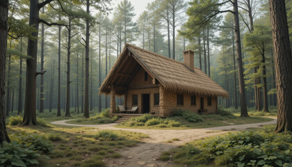 Serene forest cabin made from natural clay and straw, surrounded by tall trees and lush greenery, offers peaceful retreat in nature