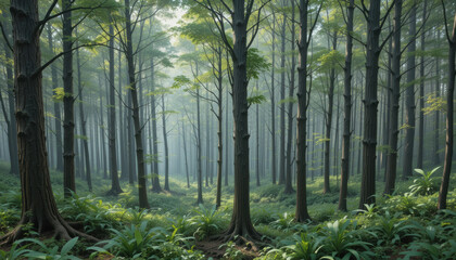 Obraz premium Serene forest with tall trees and lush greenery, showcasing marked zones for biodiversity recovery, creating peaceful atmosphere