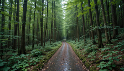 Obraz premium Serene forest trail surrounded by lush greenery and tall trees, inviting exploration and tranquility