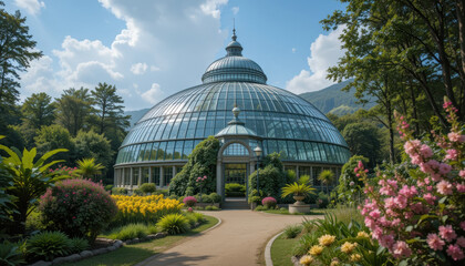 Stunning greenhouse dome in botanical park, surrounded by vibrant flowers and lush greenery, creates serene and inviting atmosphere