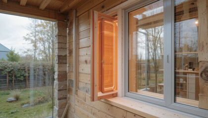 Fototapeta premium Heat retaining window system enhances energy efficiency in passive home, showcasing modern design and natural light