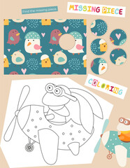 Cute Animals Activity Pages for Kids book. Printable Activity Sheet with Mini Games – find missing piece, coloring page. Vector illustration.