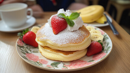 Delicious stack of fluffy pancakes topped with strawberries and cream at a cozy cafe in the morning sunlight