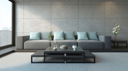 Modern Living Room Interior Design with Gray Sofa and Concrete Wall in Apartment Low Angle