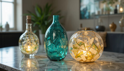Recycled glass decor in modern setting creates warm and inviting atmosphere, showcasing unique designs and colors