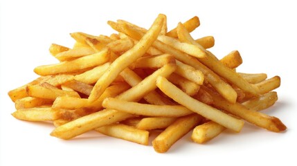 Golden French Fries Pile Close Up Studio Shot on White Background Delicious Crispy Potato Snack Food Isolated Still Life Culinary Photography
