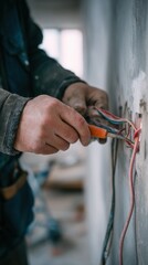 Electrician repairing wiring close up shot of hands working on electrical outlet in a building under construction with natural light