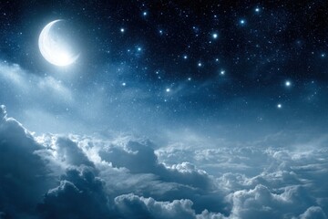Obraz premium Dreamy nightscape with crescent moon shining over a sea of clouds and starry sky aerial view moonlight serenity