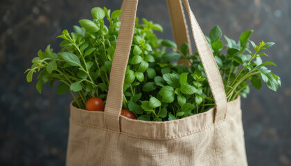 Fresh herbs and vegetables in reusable grocery bag create vibrant and eco friendly scene, perfect for healthy living