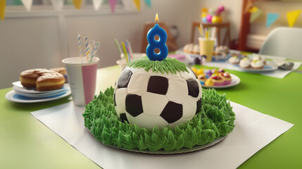 Soccer-themed birthday cake celebration for an 8-year-old child with colorful decorations and treats