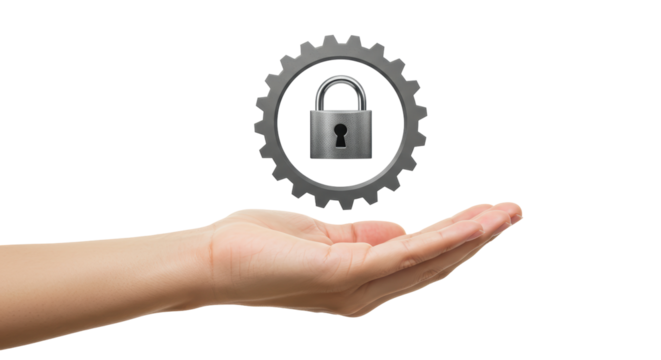 Isolated Hand Offering Padlock Inside Gear