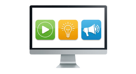 Isolated Computer Monitor Displaying Play Button Light Bulb and Megaphone Icons