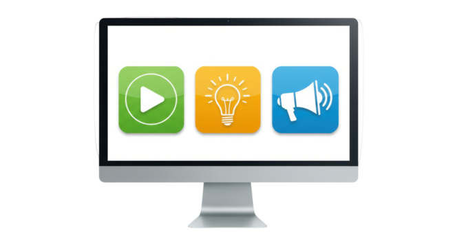 Isolated Computer Monitor Displaying Play Button Light Bulb and Megaphone Icons