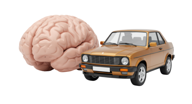 Isolated Brain and Golden Car Symbolizing Smart Transportation