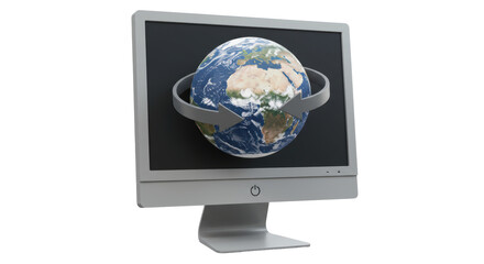 Isolated Computer Screen Displaying Earth Globe with Rotating Arrows