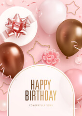Vector birthday elegant greeting card, banner or party invitation with realistic 3d golden, pink and white balloons and falling confetti on pink background. Vector illustration