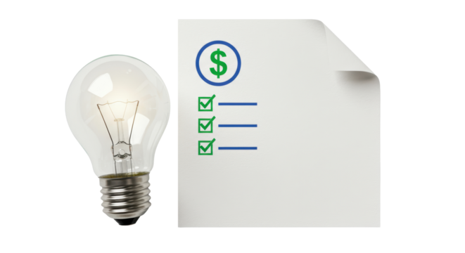 Isolated Light Bulb Illuminating Dollar Sign Checklist for Business Ideas
