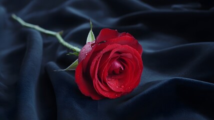 A single vivid red rose with delicate water droplets resting on its velvety petals is gracefully draped across dark luxurious fabric, creating a romantic still life.