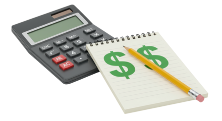 Isolated Calculator with Spiral Notebook Pencil and Dollar Sign