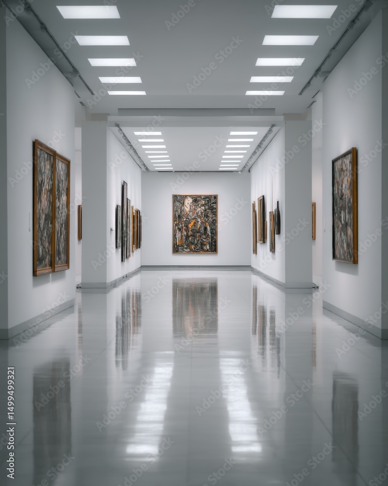 Poster art gallery perspective view featuring abstract paintings on white walls and polished floor with lig