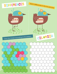 Cute Animals Activity Pages for Kids. Printable Activity Sheet with Mini Games – find differences, color mosaic. Vector illustration.