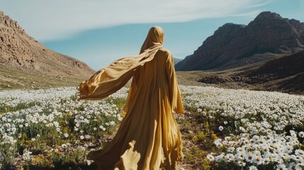 A Muslim woman in a yellow dress and hijab walks through a field of white flowers. Religion: Islam.