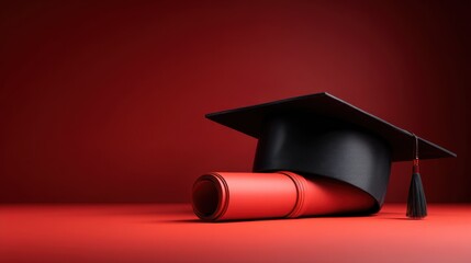 Graduation Cap and Diploma Still Life on Red Background Academic Achievement Celebration Education Success