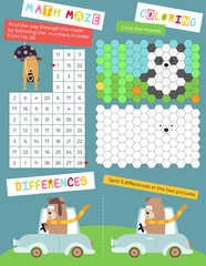 Cute Animals Activity Pages for Kids. Printable Activity Sheet with Animals Mini Games – Math maze, coloring mosaic, find differences. Vector illustration.