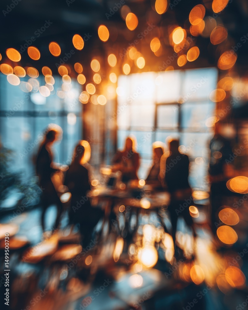 Poster blurred business meeting in modern office with bokeh lights abstract view of teamwork and collaborat