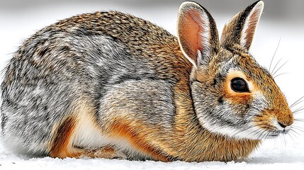 Fototapeta premium the image shows a rabbit with grayish brown fur, tinged with orange near the face and underside. the rabbit is nestled in a setting of light snow