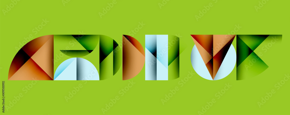 Poster Abstract geometric shapes form letters. Vivid colors blend, creating dynamic visual impact. Green background emphasizes design elements.