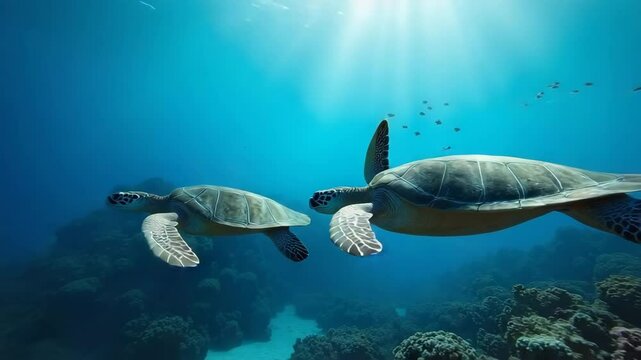 Two sea turtles swimming gracefully in a vibrant coral reef  