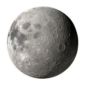 The moon with its cratered surface, shades of gray and white, casting shadows within the craters, isolated on a transparent background
