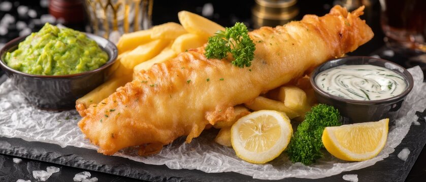 Fish and chips served on slate board with mushy peas tartar sauce and lemon wedges studio shot close up