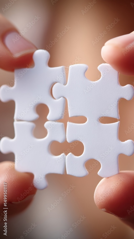 Poster close-up of fingers holding four white jigsaw puzzle pieces together, macro shot, emphasizing connec