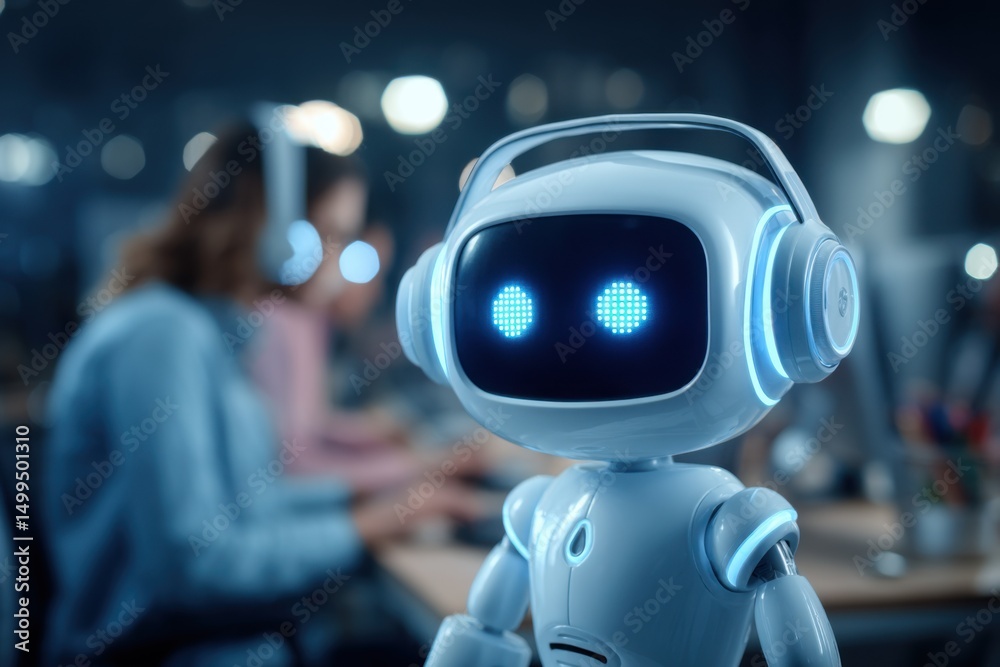 Poster close-up of friendly robot wearing headphones in office setting with people working in background ar