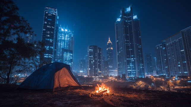 Zeltlager auf Wolkenkratzern &ndash; Urbanes Abenteuer mit Lagerfeuer &uuml;ber der Stadt. K&uuml;nstliche Intelligenz KI