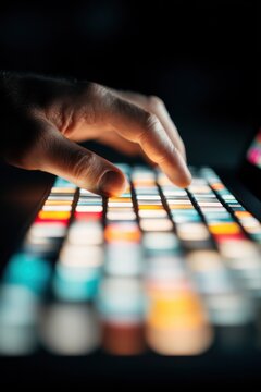 Hand operating a music production controller close up studio shot of finger pressing light up pad for beat making