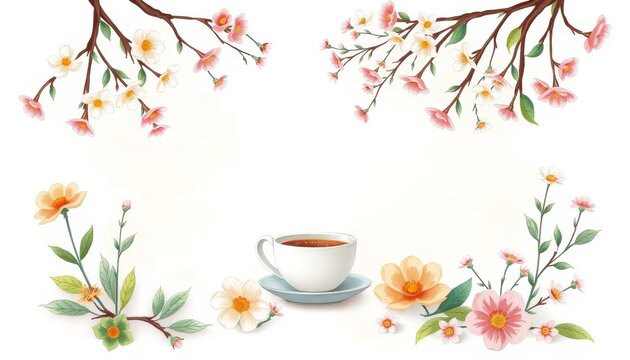 Elegant floral frame with blooming flowers and soft colors, providing space for text. Ideal for culinary blog headers, recipe cards, or food content emphasizing freshness and nature.