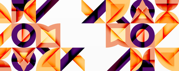 Abstract geometric pattern. Orange, purple shapes repeat across white background. Modern design, symmetrical composition.