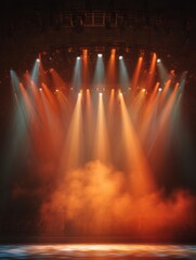 Dramatic stage lighting with orange and white beams illuminating smoke filled performance space from below