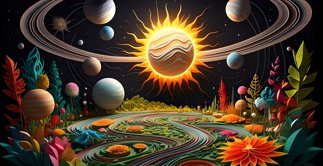 A giant sun warps spacetime into deep curves, guiding orbiting planets along geodesics—set before a delicate quilling paper garden, blending cosmic power with intricate art.