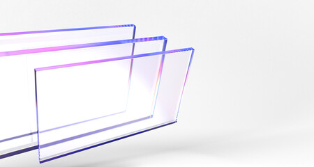 3d abstract neon light glass rectangle plates on dark black background. Iridescent transparent holographic gradient panels of acrylic, plastic or plexiglass, technology design render