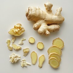 Ginger root and slices arrangement on a white background