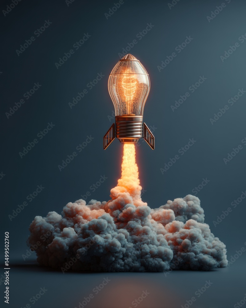 Poster lightbulb rocket launching with smoke plume on dark background conceptual innovation and creativity 